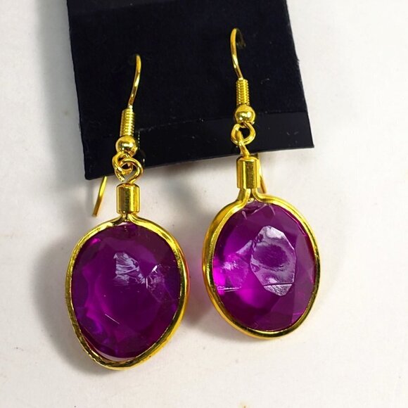 Elegant Purple Gem 1.5" Drop Earrings Gold Tone Oval Dangle Lightweight Jewelry - Picture 4 of 8